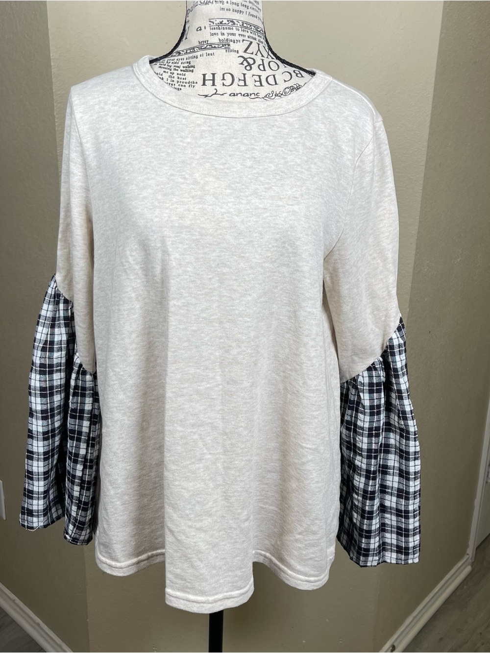Doe & Rae Cream Knit Top with Black & White Plaid Bell Sleeves